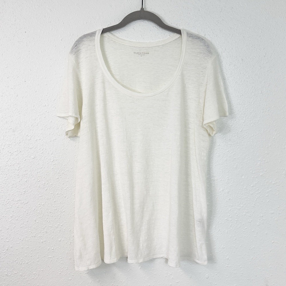 Eileen Fisher Ivory White Linen T-shirt Scoop Neck Minimalist Short Sleeve XL